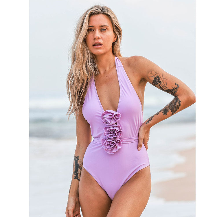 3D Flower V Neck One Piece Swimsuit