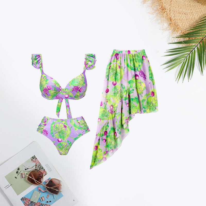 Fruit&Vegetable Print Tie Ruffle Trim Swimsuit