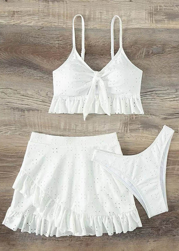 Seaside Sweetie Eyelet Embroidery Wrap Knot Front Ruffle Hem Swimsuit