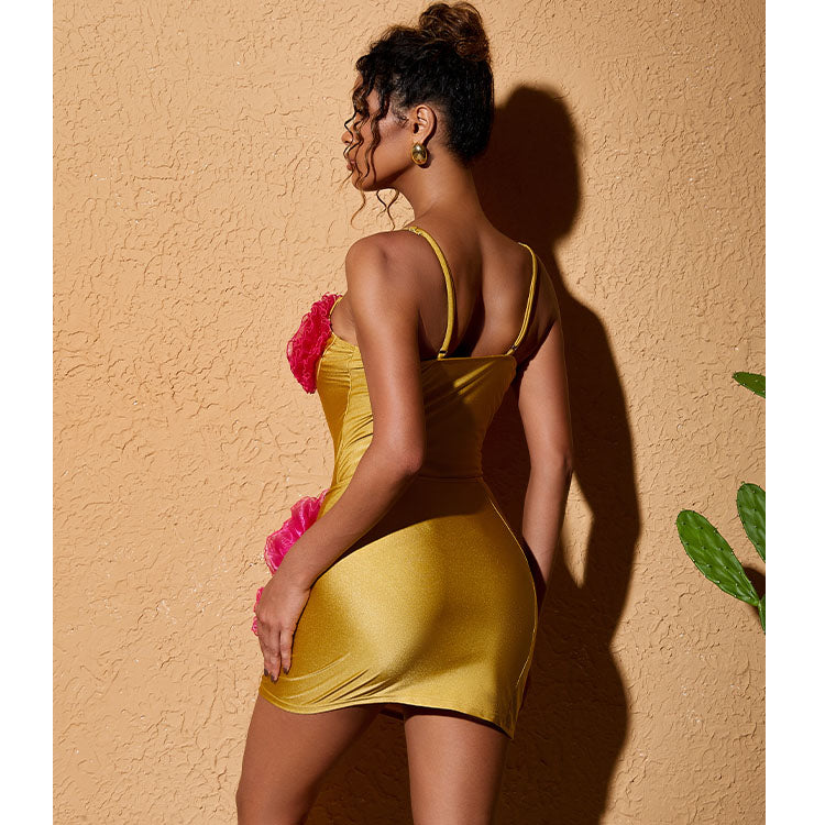 Color Block 3D Flower One Piece Swimsuit and Skirt