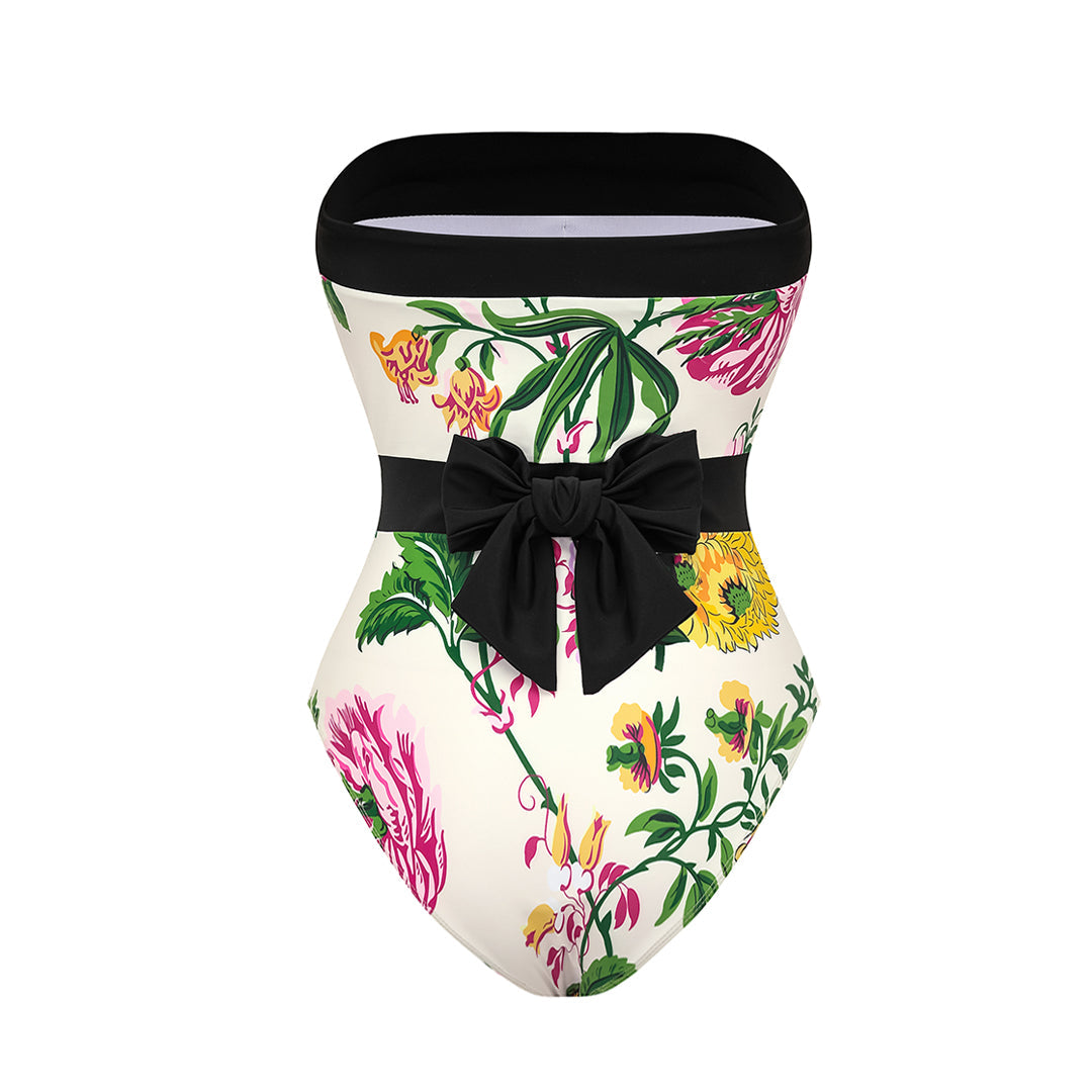 Off Shoulder Back Bow Tie Color Block Printed One Piece Swimsuit and Skirt(Shipped on Sep 25th)