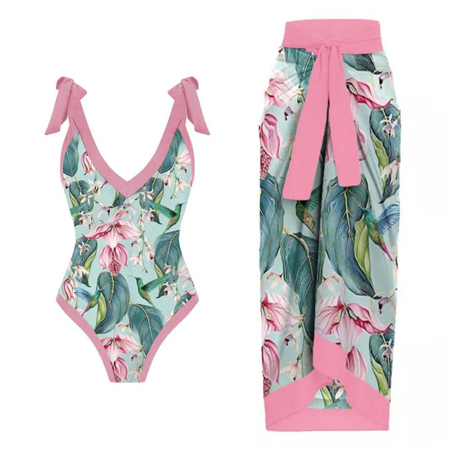 Print One Piece Swimsuit and Splicing Sarong