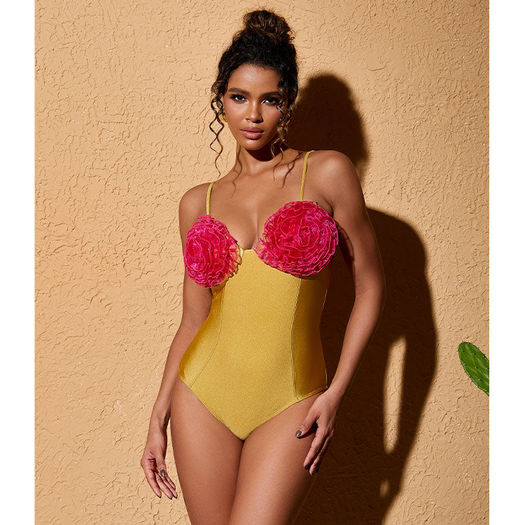 Color Block 3D Flower One Piece Swimsuit and Skirt