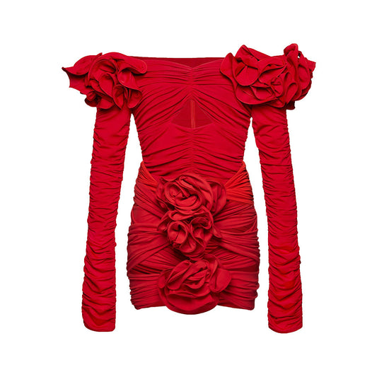 Vioye Red Off Shoulder 3D Flower Long Sleeve One Piece Swimsuit and Skirt