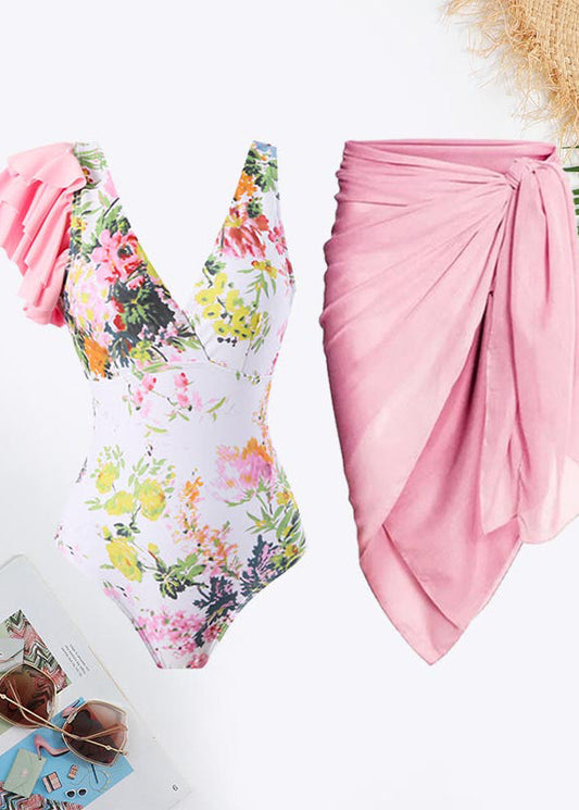 Suits You Perfectly Floral Print V-neck Ruffle Trim Swimsuit