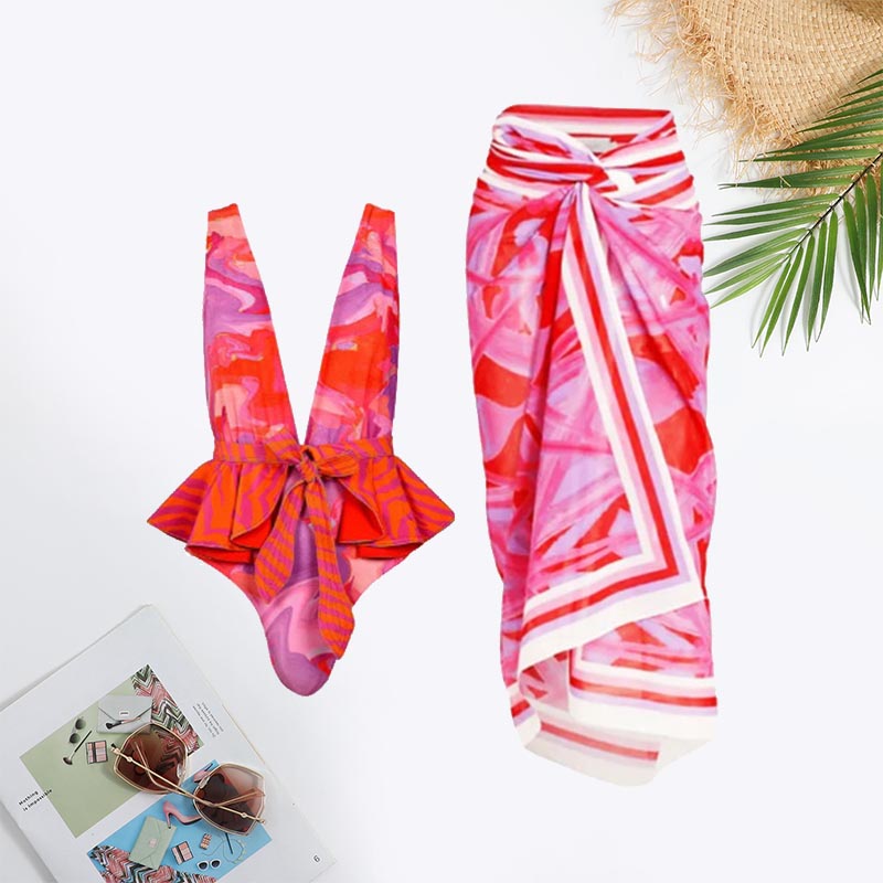 Deep V Neck All Over Print Ruffle Trim Tie Swimsuit
