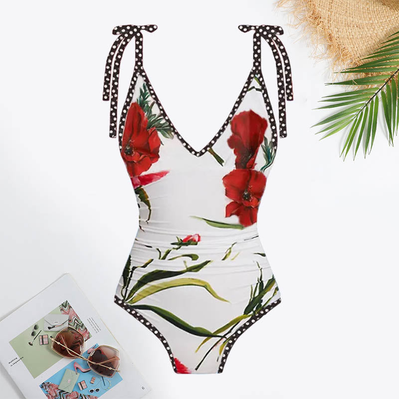 Floral&Polka Dot Print Contrast Binding Tie Swimsuit