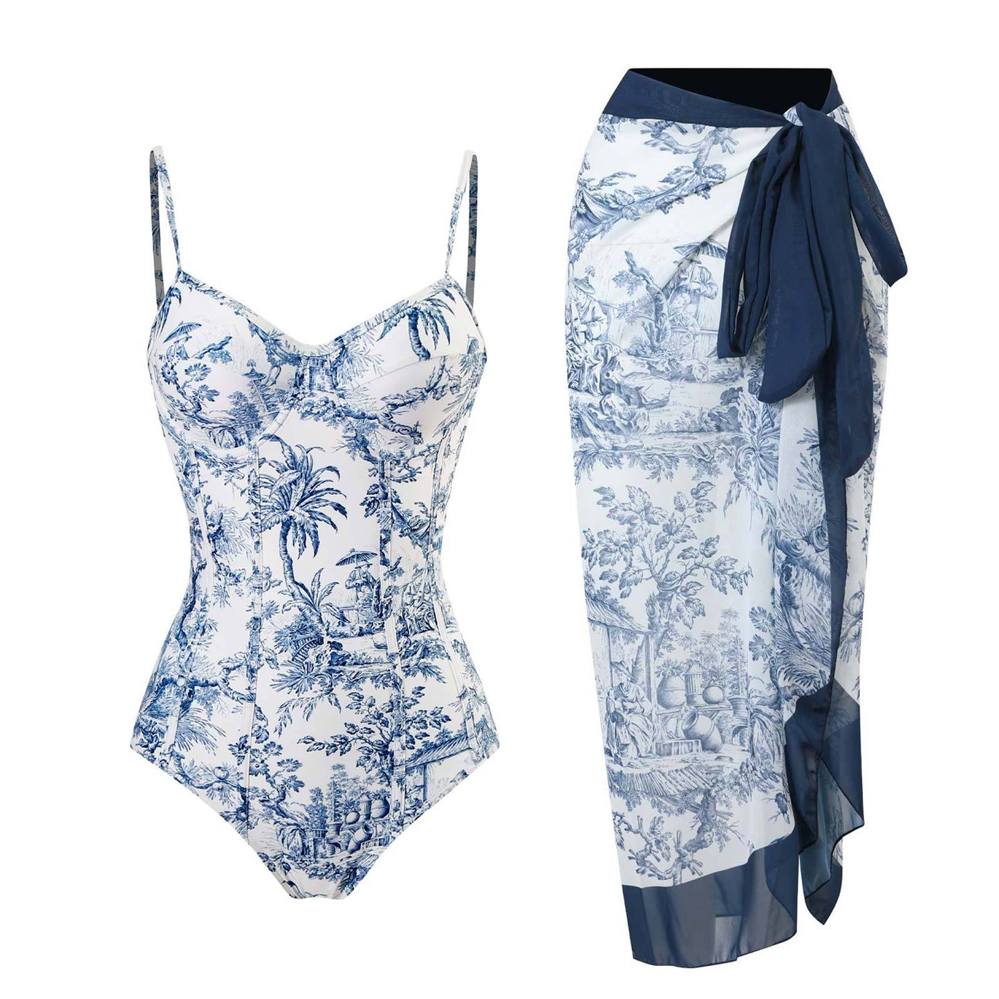 Print One Piece Swimsuit and Splicing Sarong