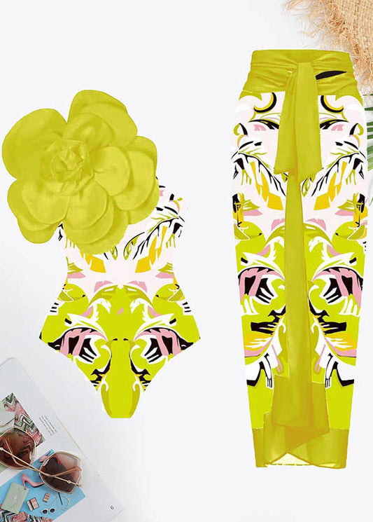 Plants Print Flower Decoration Tie Front Swimsuit