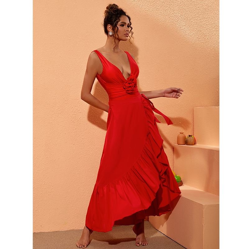 Detachable 3D Flower Red One Piece Swimsuit and Skirt
