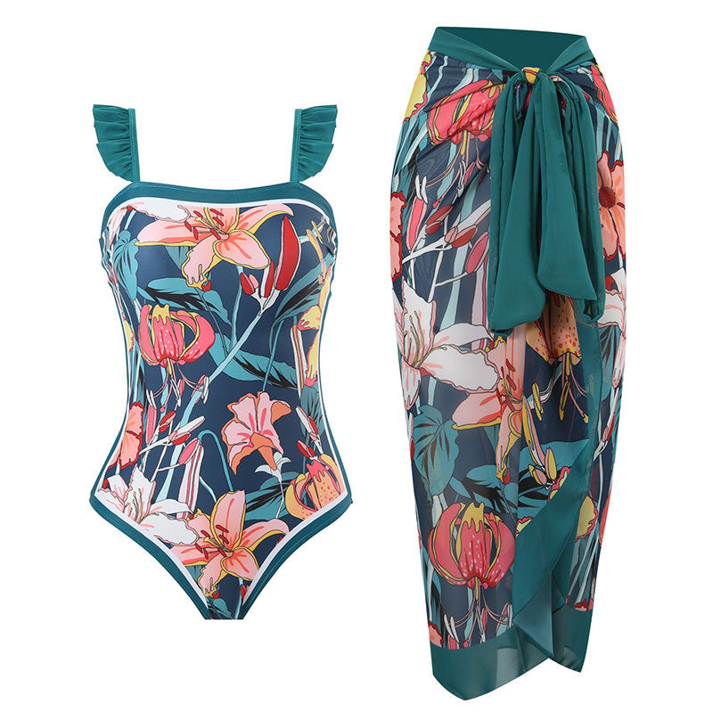 Printed Simple Fashion One Piece Swimsuit and Sarong