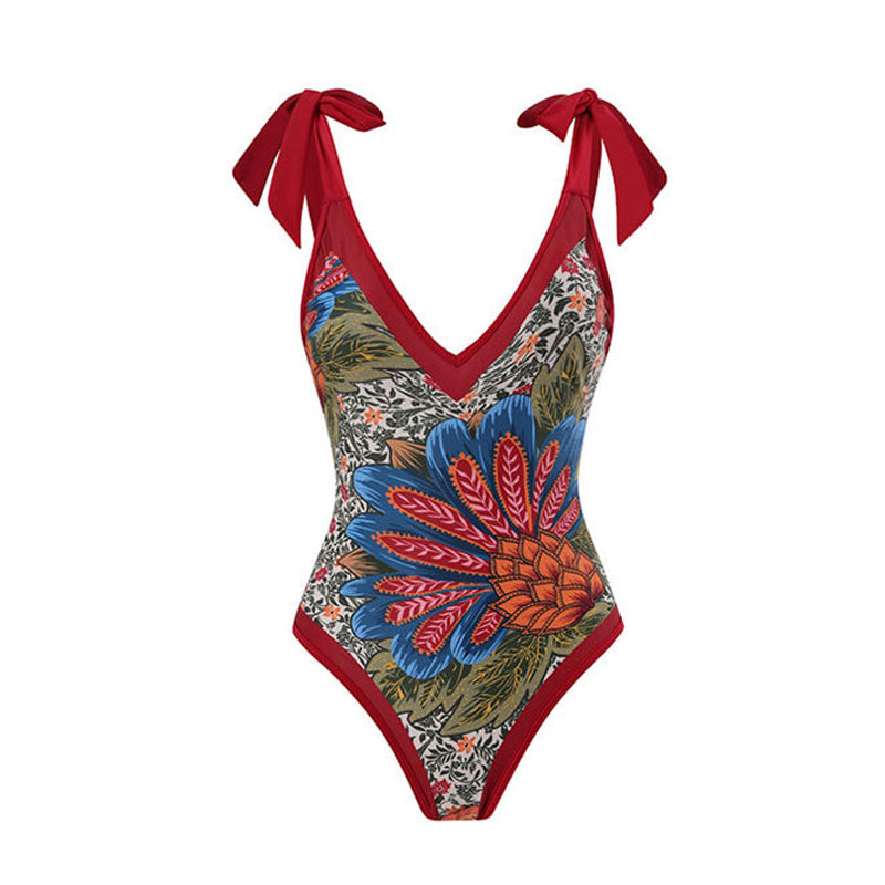 Print One Piece Swimsuit and Splicing Sarong