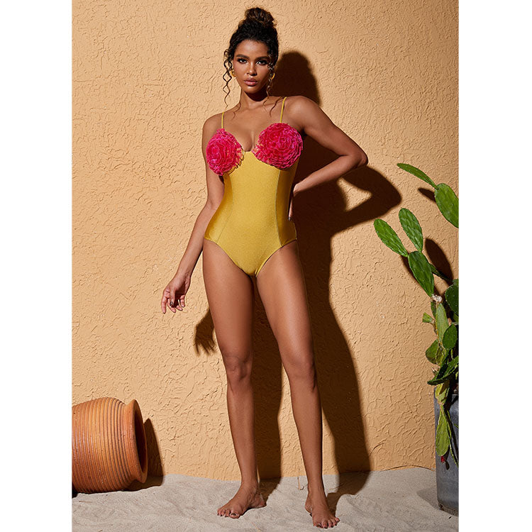 Color Block 3D Flower One Piece Swimsuit and Skirt