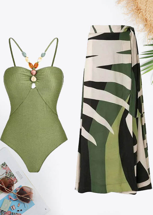Colorblock Halter Neck Bead Detail Cut Out Swimsuit