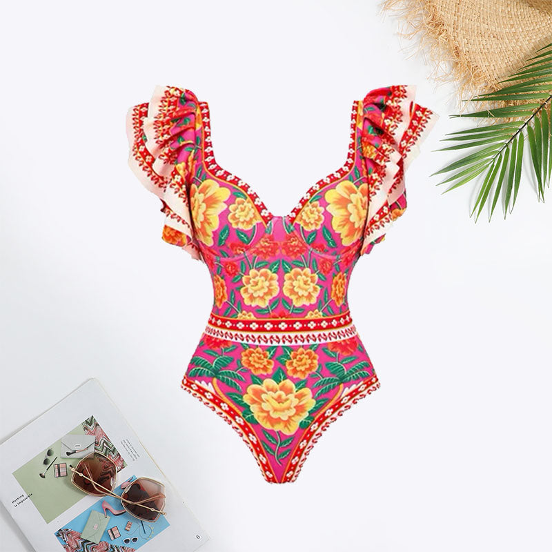 Floral Print Ruffle Trim Swimsuit