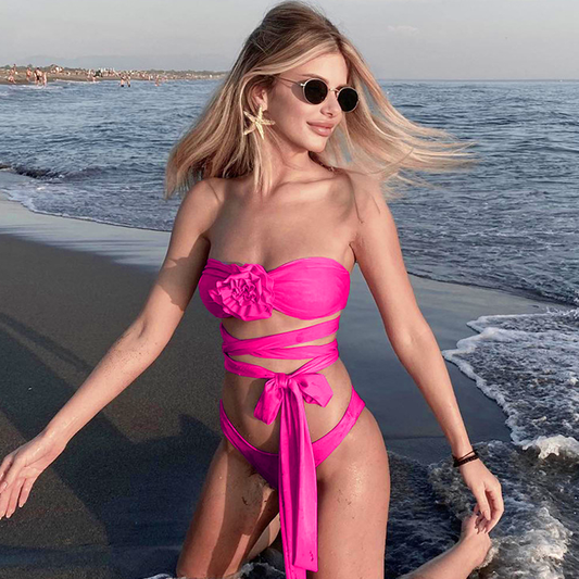 3D Flower Sexy Lace Up Bikini Swimsuit