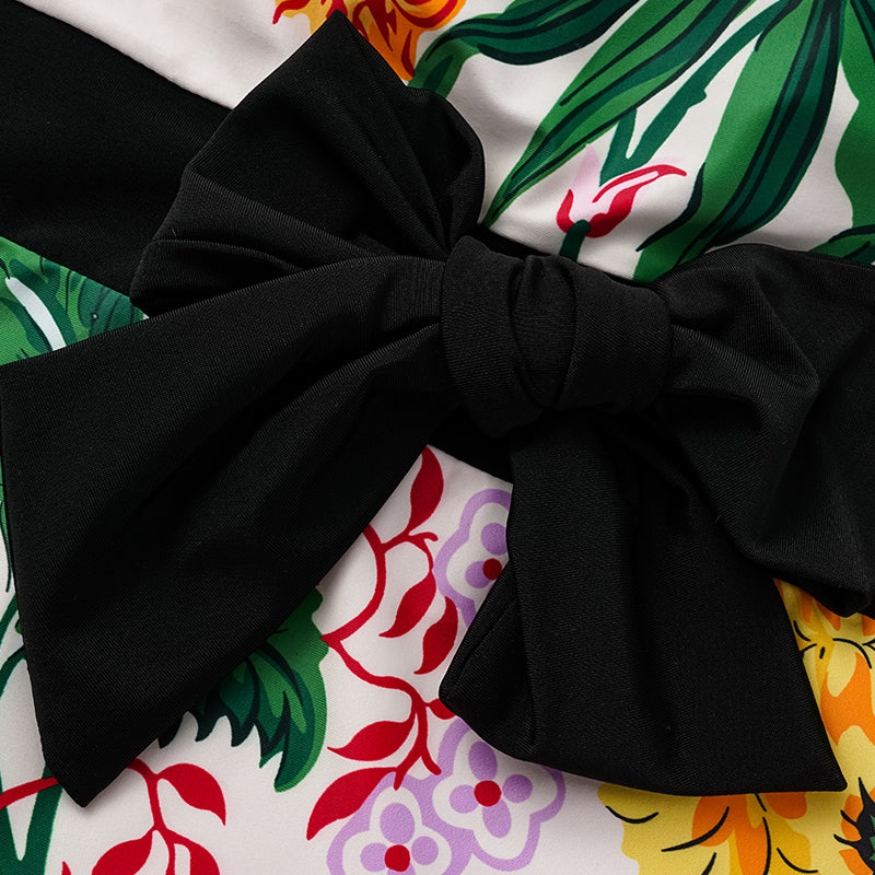 Off Shoulder Back Bow Tie Color Block Printed One Piece Swimsuit and Skirt(Shipped on Sep 25th)
