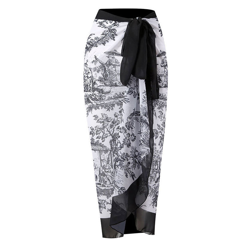Print One Piece Swimsuit and Splicing Sarong