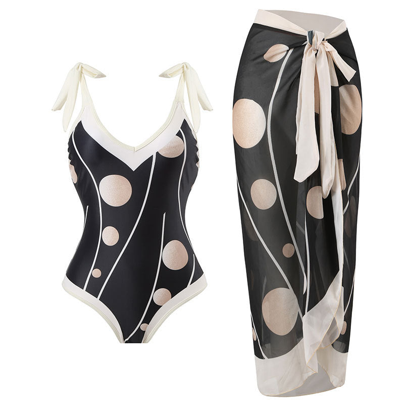Print One Piece Swimsuit and Splicing Sarong