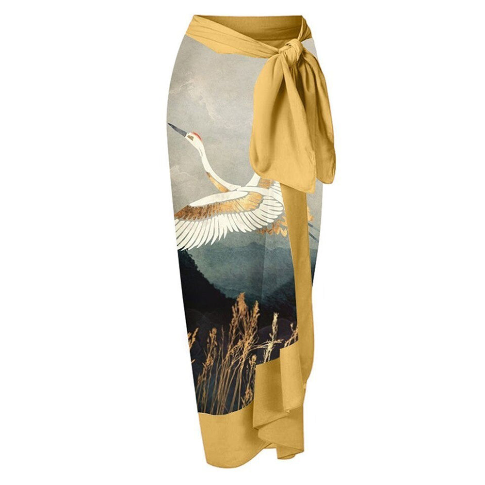 Print One Piece Swimsuit and Splicing Sarong