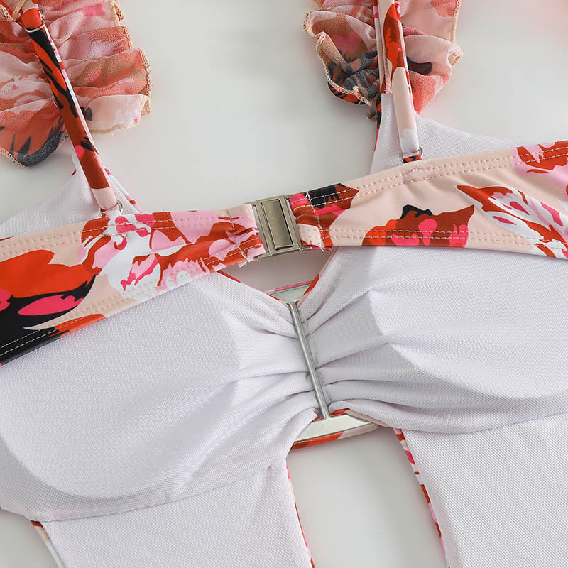Floral Print Cut Out Ruffle Hem Swimsuit