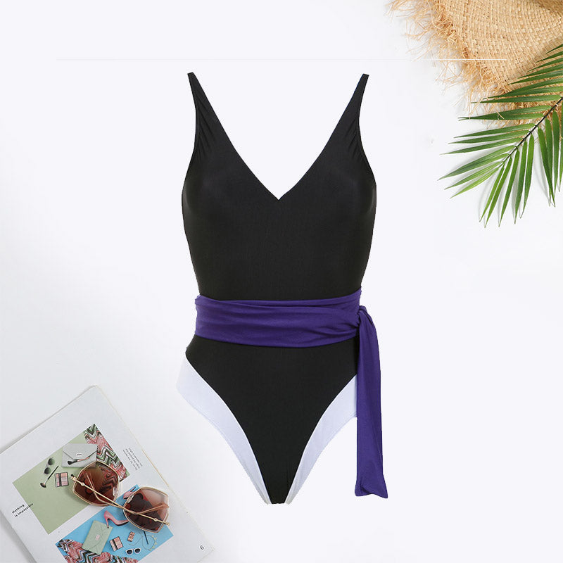 Contrast Binding Belted Tie Swimsuit
