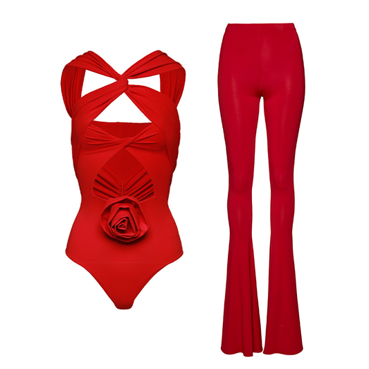 3D Flower Cut Out Cross Straps One Piece Swimsuit and Pants