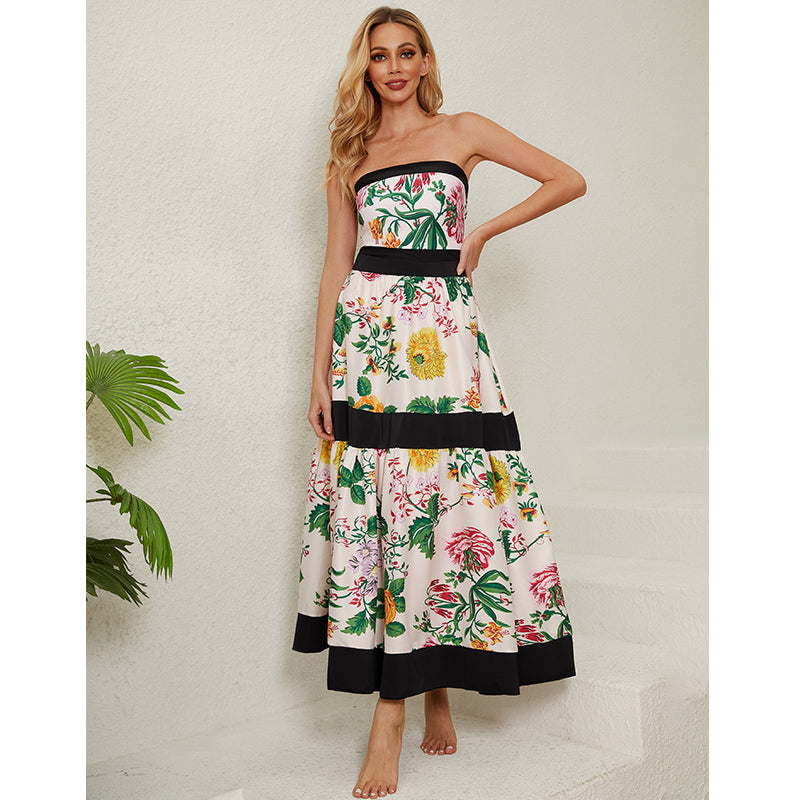 Off Shoulder Back Bow Tie Color Block Printed One Piece Swimsuit and Skirt(Shipped on Sep 25th)