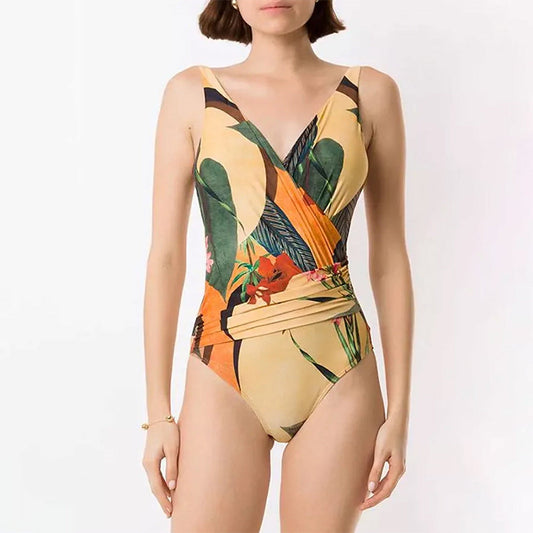Print One Piece Swimsuit and Splicing Sarong