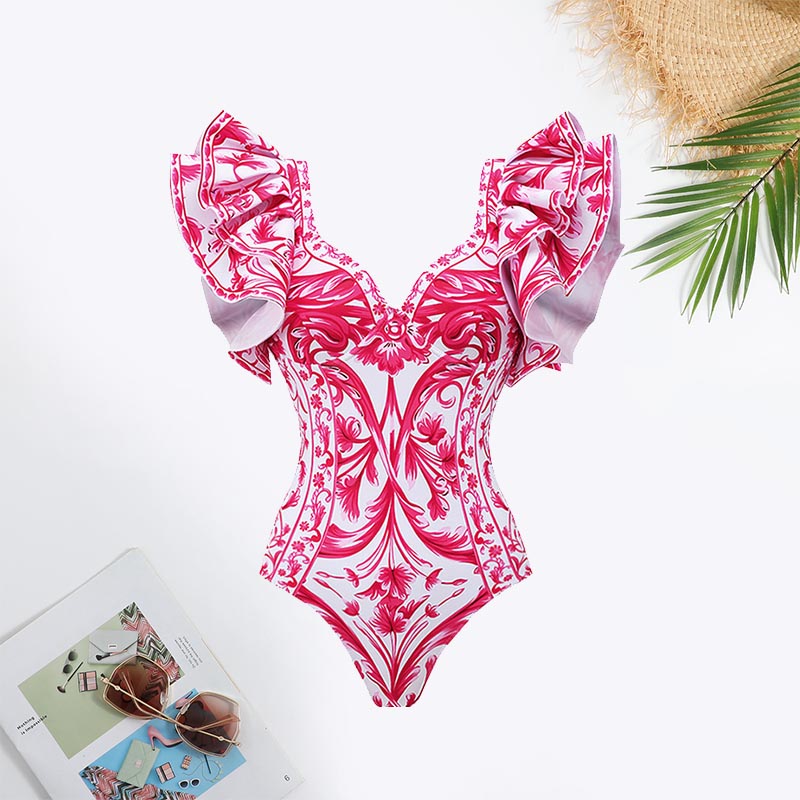 Floral Print Ruffle Trim Swimsuit