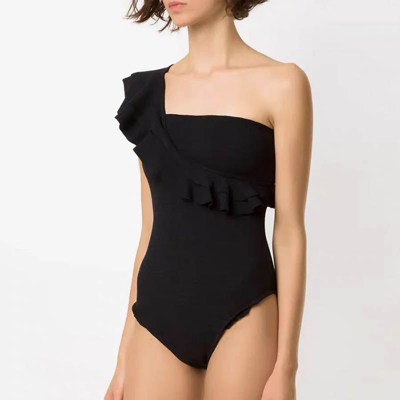 One Shoulder Ruffle Trim Cut Out Back Swimsuit