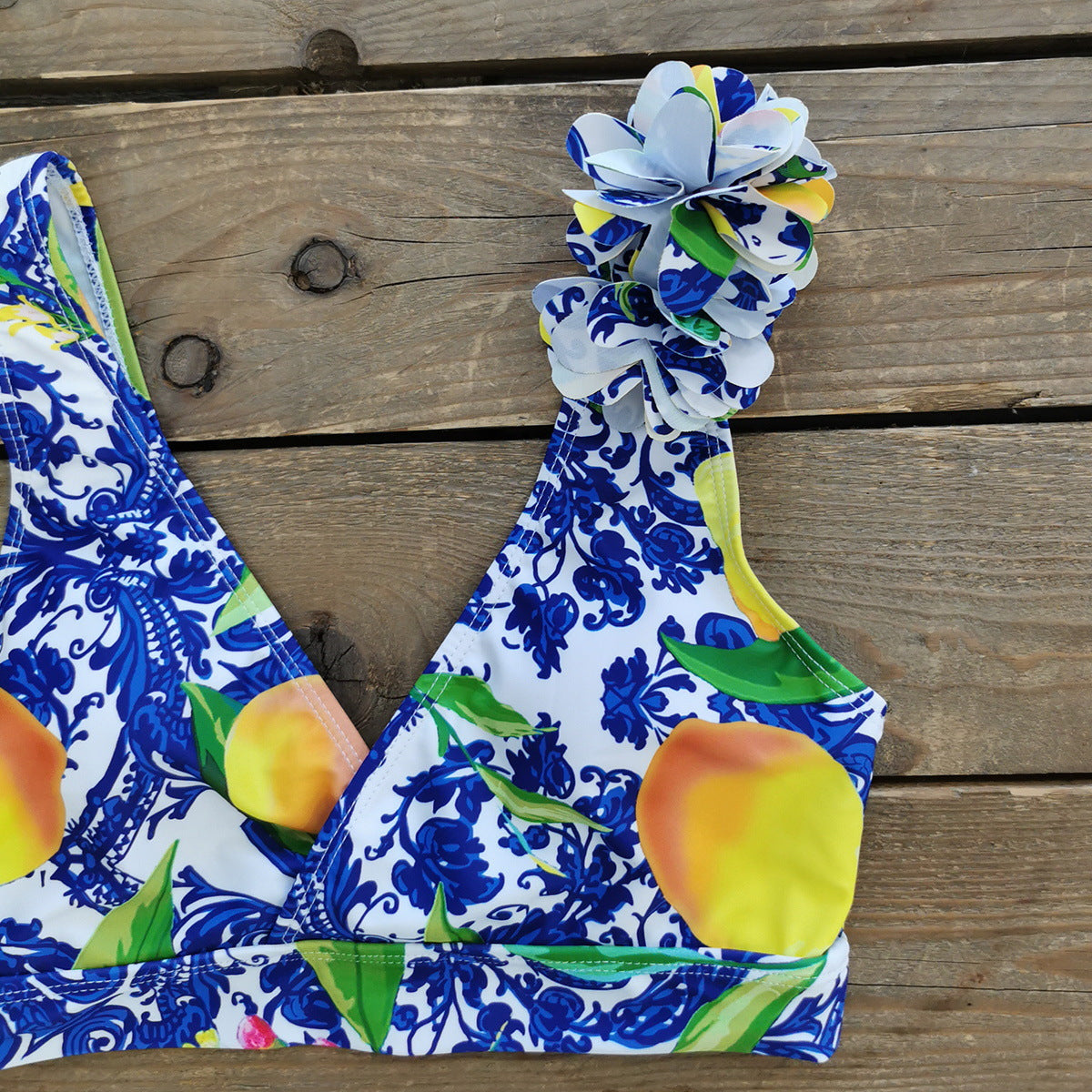 3D Flower Lemon Printed Bikini Swimsuit and Sarong