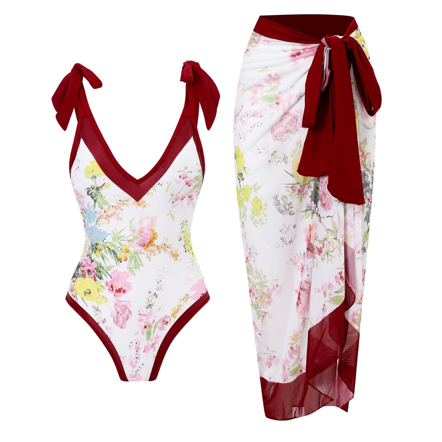 Print One Piece Swimsuit and Splicing Sarong