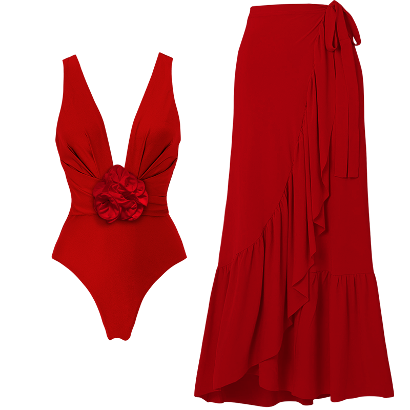 Detachable 3D Flower One Piece Swimsuit and Sarong