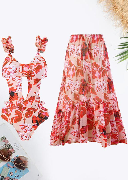 Floral Print Cut Out Ruffle Hem Swimsuit
