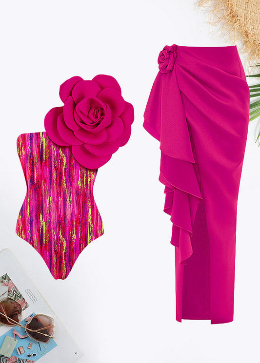 Floral Decoration Tie Dye Print Ruffle Trim Swimsuit