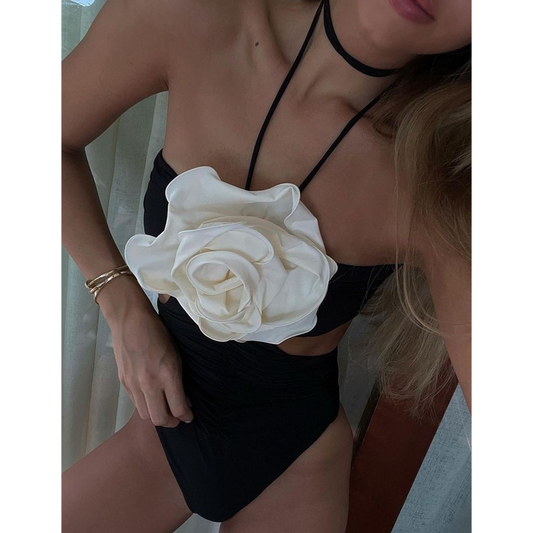 Halter 3D Flower Black and White One Piece Swimsuit
