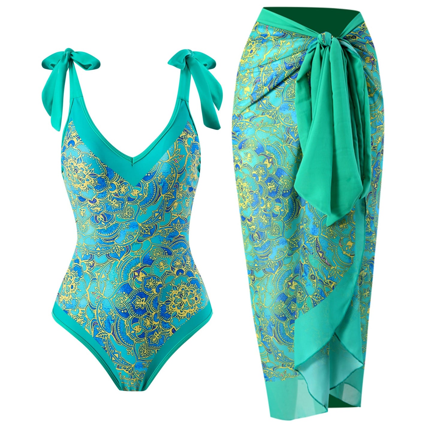Print One Piece Swimsuit and Splicing Sarong