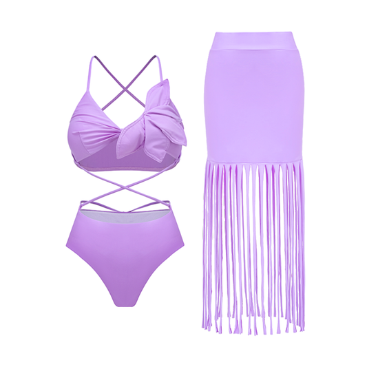 3D Flower Purple Tassel Bikini Swimsuit and Skirt