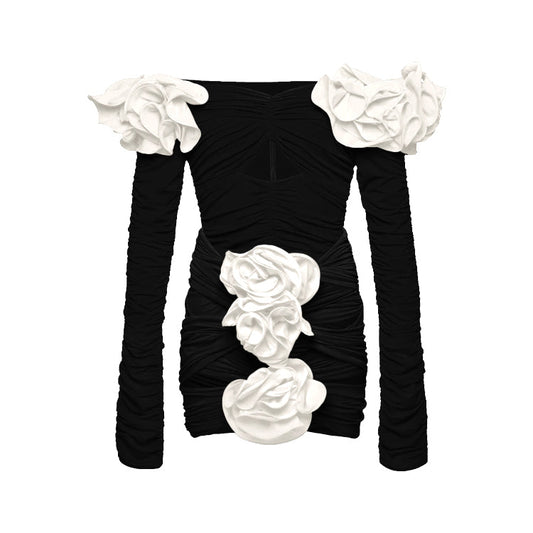 Vioye Black Off Shoulder 3D Flower Long Sleeve One Piece Swimsuit and Skirt