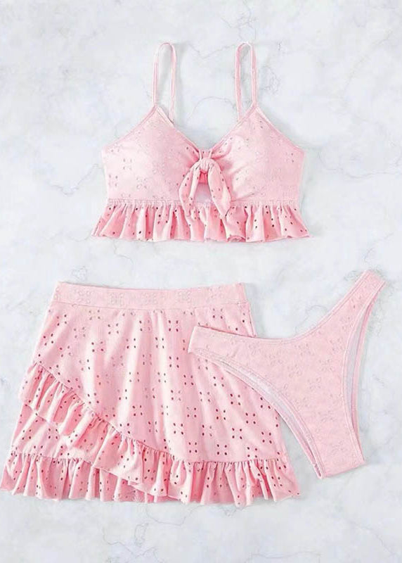 Seaside Sweetie Eyelet Embroidery Wrap Knot Front Ruffle Hem Swimsuit