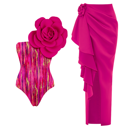 3D Flower Decor Swimsuit and Skirt