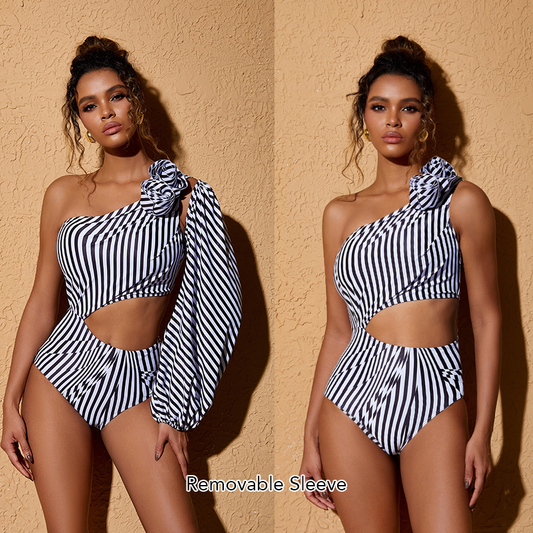 Removable Sleeve 3D Flower One Shoulder Swimsuit and Skirt