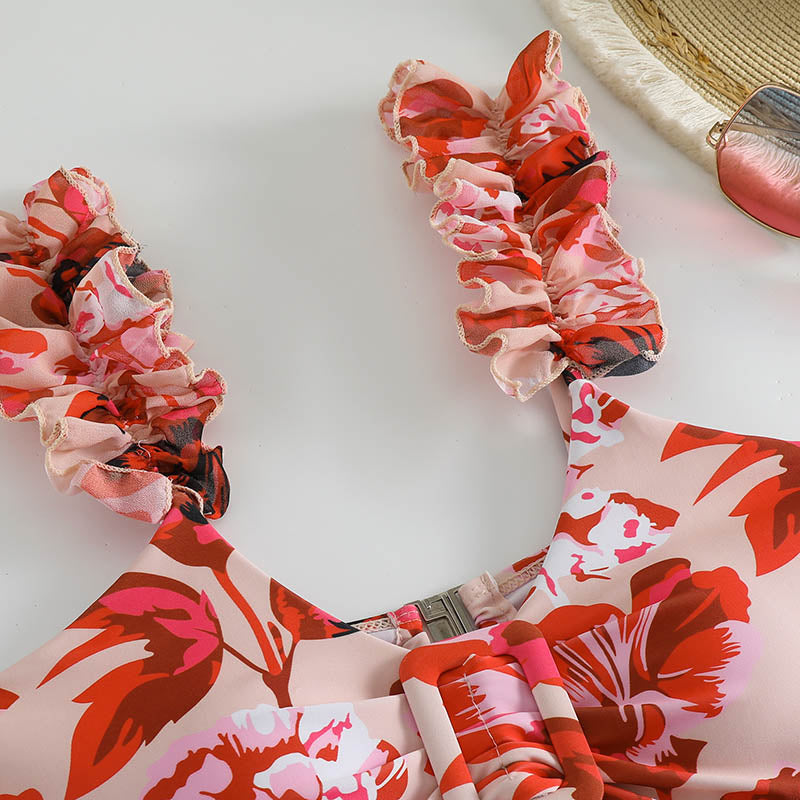 Floral Print Cut Out Ruffle Hem Swimsuit