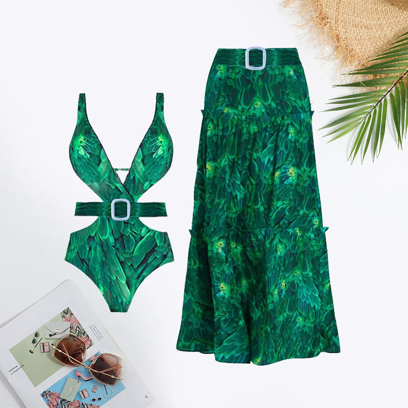 Plants Print Cut Out Belted Ruffle Hem Swimsuit