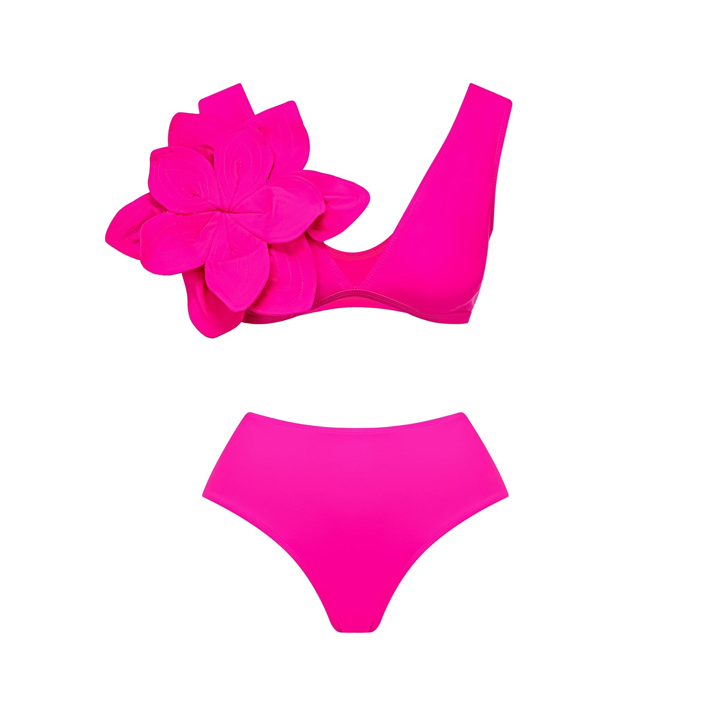 3D Flower Hot Pink High Waist Bikini Swimsuit and Skirt