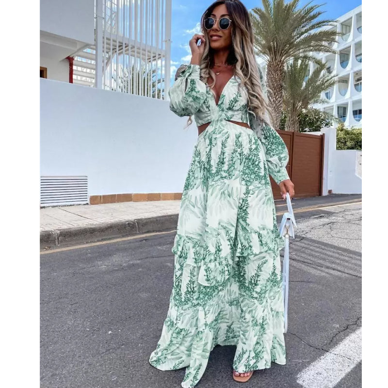 Long Sleeve Cutout Floral Beach Casual Dress