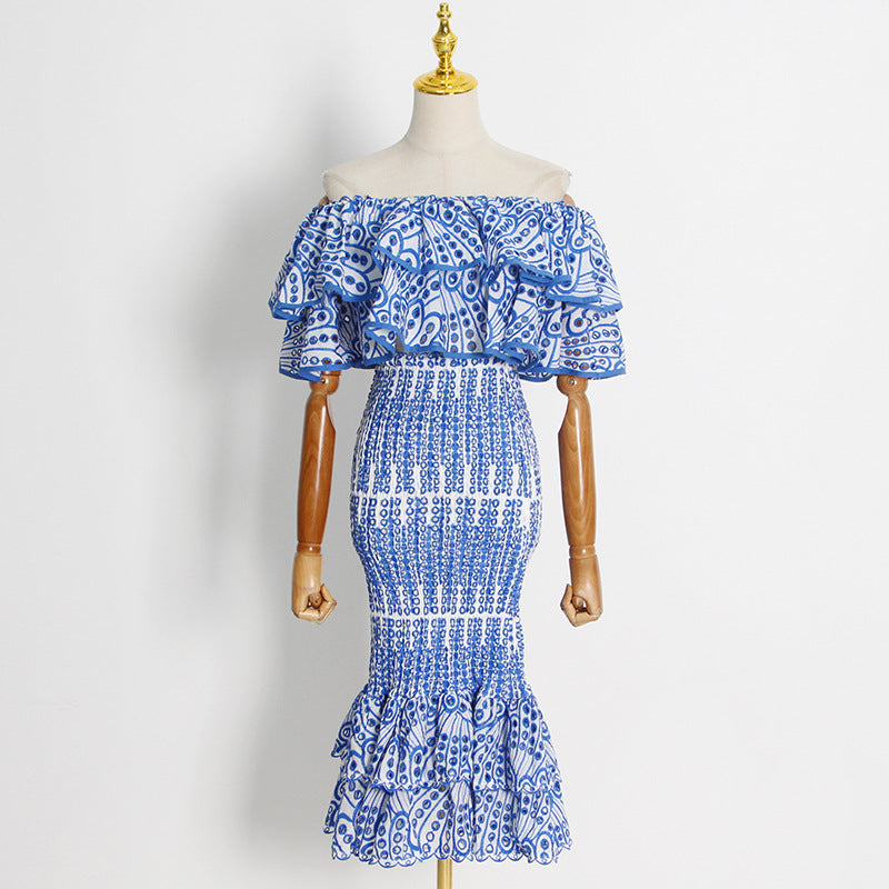 Double Ruffle Embroidery Hollow Out Two Piece Set