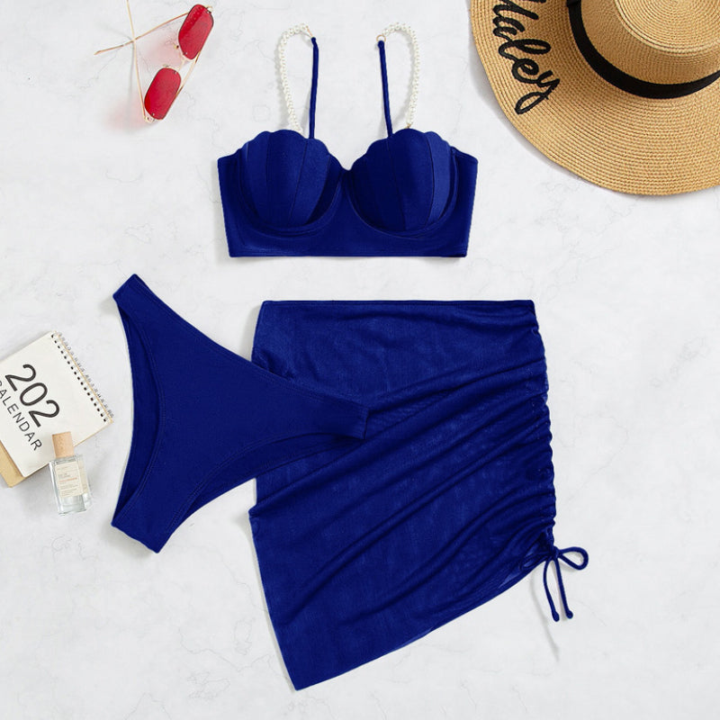 Pearl Decor Push Up Solid Color Sexy Bikini Swimsuit Three-piece Set