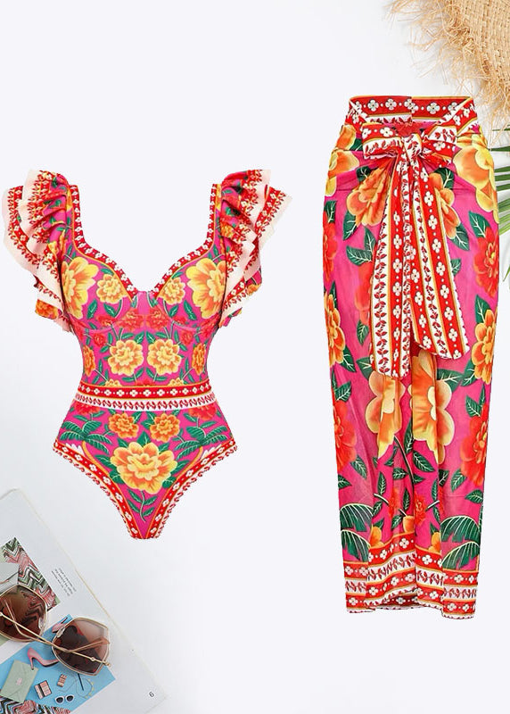 Floral Print Ruffle Trim Swimsuit